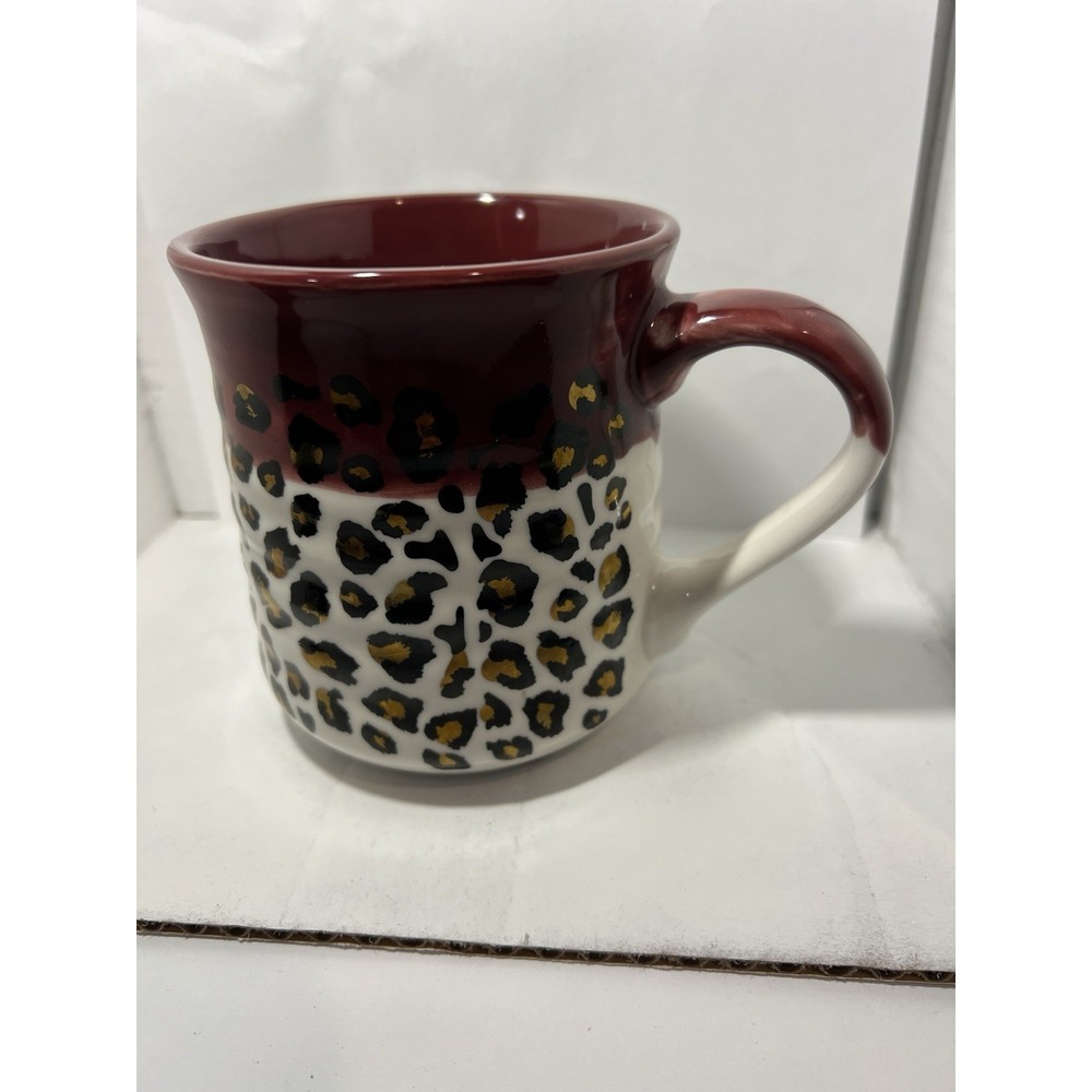 Heartland Hive Stoneware Coffee Mug Leopard Animal Print Maroon Gold Metall 17oz